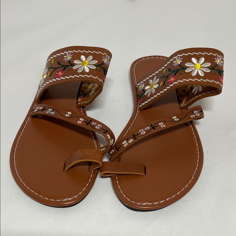 Daisy Embroidered Brown Sandals